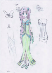 Size: 2068x2899 | Tagged: safe, artist:hanaatori, fluttershy, human, g4, clothes, dress, female, flower, flower in hair, gala dress, high res, humanized, solo, traditional art