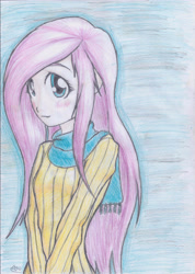 Size: 2068x2900 | Tagged: safe, artist:hanaatori, fluttershy, human, g4, clothes, female, high res, humanized, scarf, solo, sweater, sweatershy, traditional art