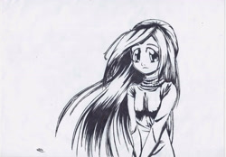 Size: 2932x2045 | Tagged: safe, artist:hanaatori, fluttershy, human, g4, black and white, female, grayscale, high res, humanized, monochrome, solo, traditional art