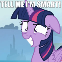 Size: 1242x1249 | Tagged: safe, edit, edited screencap, editor:undeadponysoldier, screencap, twilight sparkle, alicorn, pony, g4, to where and back again, cropped, cute, egghead, female, floppy ears, mare, nervous smile, purple smart, shrunken iris, shrunken pupils, smiling, solo, talking to viewer, tell me i'm pretty, the fairly oddparents, trixie tang, twiabetes, twilight sparkle (alicorn), yanderelight sparkle