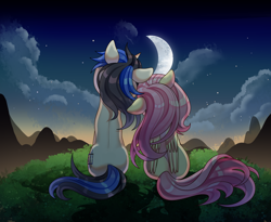 Size: 2598x2126 | Tagged: safe, artist:alus, fluttershy, oc, oc:forestar, pegasus, pony, unicorn, g4, canon x oc, cloud, cute, evening, flutterstar, high res, love, moon, mountain, night, outdoors, shipping, shyabetes, sky, stars
