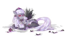 Size: 913x522 | Tagged: safe, artist:yuli, pegasus, pony, feather, flower, pixiv, ponified, prone, rose, rozen maiden, simple background, smiling, solo, suigintou, white background