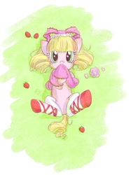 Size: 531x711 | Tagged: safe, artist:yuli, earth pony, pony, food, hinaichigo, on back, pixiv, ponified, rozen maiden, solo, strawberry