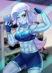 Size: 800x1114 | Tagged: safe, artist:tzc, trixie, human, equestria girls, g4, abs, anime, armpits, beautisexy, belly button, bodybuilder, clothes, commission, eyelashes, female, flexing, grand and muscular trixie, grin, hairpin, midriff, mirror, muscles, muscular female, one eye closed, phone, selfie, smiling, sports bra, sweat, wink