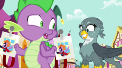 Size: 1920x1080 | Tagged: safe, screencap, gabby, spike, dragon, griffon, dragon dropped, g4, confused, cute, female, happy, male, ponyville