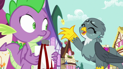 Size: 1920x1080 | Tagged: safe, screencap, gabby, spike, dragon, griffon, dragon dropped, g4, confused, female, happy, male, ponyville, raised claw