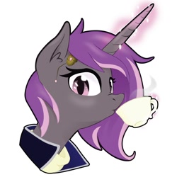 Size: 1000x1000 | Tagged: safe, artist:willoillo, oc, oc only, oc:lavender hex, pony, unicorn, cup, cyberpunk, nighthaze, sierra nevada, simple background, solo, white background