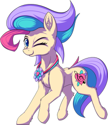 Size: 600x695 | Tagged: safe, artist:calena, oc, oc only, oc:sugar dancer, earth pony, pony, jewelry, multicolored hair, multicolored tail, necklace, one eye closed, simple background, solo, transparent background, wink, winking at you