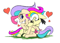 Size: 800x566 | Tagged: safe, artist:calena, oc, oc only, oc:sugar dancer, oc:trinity deblanc, cute, female, grass, heart, hug, love, multicolored hair, multicolored tail, sibling love, siblings, simple background, sisterly love, sisters, transparent background