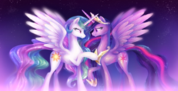 Size: 2374x1218 | Tagged: safe, artist:sparkleee-sprinkle, princess celestia, twilight sparkle, alicorn, pony, g4, the last problem, crown, digital art, duo, duo female, duo focus, eyelashes, fanart, female, flowing mane, hoof shoes, horn, jewelry, looking at each other, mare, momlestia, older, older twilight, older twilight sparkle (alicorn), peytral, princess twilight 2.0, profile, regalia, smiling, spread wings, stars, story in the comments, translated in the comments, twilight sparkle (alicorn), wings