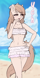Size: 1811x3543 | Tagged: safe, artist:mintjuice, anthro, advertisement, beach, candy, clothes, cloud, commission, female, food, hand on hip, lollipop, looking at something, mare, swimsuit, walking, water, your character here