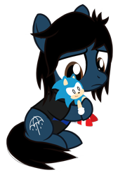 Size: 1200x1600 | Tagged: safe, artist:toyminator900, oc, oc only, earth pony, pony, bring me the horizon, clothes, colt, frown, hoof hold, hug, male, oliver sykes, plushie, ponified, sad, shirt, show accurate, simple background, sitting, solo, sonic the hedgehog, sonic the hedgehog (series), t-shirt, transparent background, younger