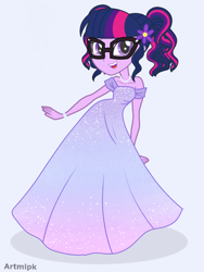 Size: 1536x2048 | Tagged: safe, artist:artmlpk, sci-twi, twilight sparkle, equestria girls, g4, adorable face, adorkable, alternate hairstyle, beautiful, bracelet, clothes, cute, dork, dress, female, flower, flower in hair, gown, hair, jewelry, looking at you, necklace, open mouth, outfit, party dress, pigtails, simple background, smiling, smiling at you, solo, white background