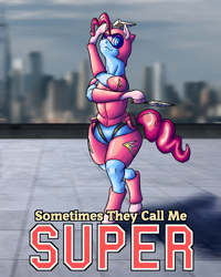 Size: 1200x1500 | Tagged: safe, artist:korencz11, pinkie pie, earth pony, pony, fanfic:sometimes they call me super, g4, armor, fanfic, fanfic art, fanfic cover, female, knife, solo, super suit, superhero, weapon