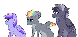 Size: 4351x2102 | Tagged: safe, artist:venommocity, oc, oc only, oc:astra, oc:greywind, oc:thunderbird, pegasus, pony, colt, female, filly, male, multicolored hair, offspring, parent:dumbbell, parent:rainbow dash, parents:dumbdash, siblings, simple background, tongue out, white background