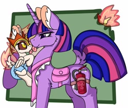 Size: 1024x864 | Tagged: safe, artist:cuddlelamb, daybreaker, twilight sparkle, alicorn, pony, g4, :p, apron, baby, baby pony, bag, candy, clothes, cute, daybweaker, diabreaker, diaper, dock, drool, female, filly, fire extinguisher, foal, food, poofy diaper, saddle bag, tongue out, younger