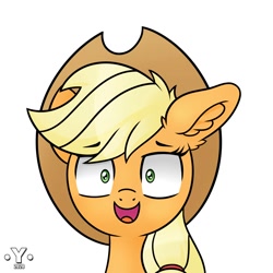 Size: 2000x2000 | Tagged: safe, artist:yelowcrom, applejack, earth pony, pony, g4, bust, cute, ear fluff, female, hat, high res, jackabetes, looking at you, mare, open mouth, portrait, simple background, solo, white background, wide eyes, wtf