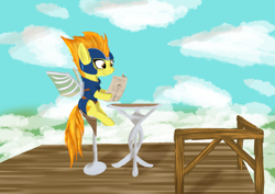 Size: 3684x2605 | Tagged: safe, artist:simplesaemple, spitfire, pegasus, pony, g4, artificial wings, augmented, chair, cloud, digital art, drawing, female, high res, loss (meme), mare, mechanical wing, newspaper, smiling, solo, table, wings
