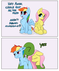 Size: 1778x2143 | Tagged: safe, artist:whiskeypanda, fluttershy, rainbow dash, oc, oc:anon, human, pegasus, pony, g4, /mlp/, 2 panel comic, blushing, chest fluff, comic, cute, daaaaaaaaaaaw, dashabetes, drawthread, eyes closed, female, floppy ears, fluffershy, fluffy, flustered, frown, holding a pony, hug, mare, scrunchy face, shyabetes, simple background, sitting, smiling, snuggling, text, trio, tsunderainbow, tsundere, weapons-grade cute