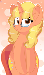 Size: 1455x2465 | Tagged: safe, artist:rainbow eevee, oc, oc only, oc:succulant holp, pony, brown eyes, cute, female, glasses, gradient background, grin, looking at you, ocbetes, smiling, solo