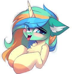 Size: 3797x3915 | Tagged: safe, artist:airiniblock, oc, oc only, oc:sunny sandbar, pony, unicorn, rcf community, blaze (coat marking), blushing, chest fluff, coat markings, commission, eye clipping through hair, eyebrows, eyebrows visible through hair, facial markings, high res, looking at you, open mouth, patreon, patreon reward, simple background, solo, tongue out, white background
