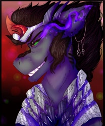 Size: 1080x1296 | Tagged: safe, artist:thewerewolfbrony, king sombra, pony, unicorn, g4, abstract background, bust, curved horn, horn, male, smiling, solo, sombra eyes, stallion