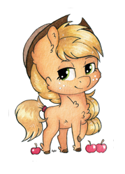 Size: 1093x1527 | Tagged: safe, artist:lightisanasshole, applejack, earth pony, pony, g4, alternate hairstyle, apple, applejack's hat, blonde hair, chest fluff, chibi, colored hooves, cowboy hat, ear fluff, female, food, freckles, hat, looking at you, neck fluff, redesign, simple background, smiling, solo, sticker, traditional art
