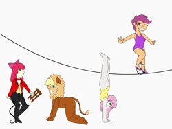 Size: 2048x1536 | Tagged: safe, artist:mintymelody, apple bloom, applejack, scootaloo, sweetie belle, equestria girls, g4, all fours, animal costume, applelion, barefoot, circus, clothes, costume, feet, grin, handstand, hypnosis, hypnotized, leotard, lion tamer, smiling, swirly eyes, tightrope, unicycle, upside down, whip