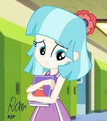 Size: 850x960 | Tagged: safe, artist:rjp.rammy, coco pommel, equestria girls, g4, blue eyes, blue hair, book, clothes, cocobetes, cute, dress, equestria girls-ified, female, flower, flower in hair, lockers, sad, sleeveless, solo