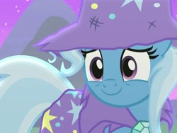 Size: 1024x768 | Tagged: safe, screencap, trixie, pony, unicorn, g4, no second prances, cape, clothes, cropped, female, hat, mare, trixie's cape, trixie's hat