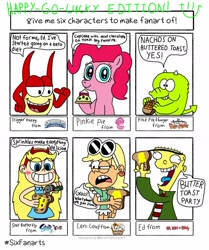 Size: 1280x1529 | Tagged: safe, artist:blackrhinoranger, pinkie pie, earth pony, pony, g4, bread, butter, buttered toast, chips, crossover, cupcake, dialogue, ed (ed edd n eddy), ed edd n eddy, food, fred fredburger, happy go lucky, leni loud, mint chocolate chip, nachos, six fanarts, skylanders, speech bubble, sprinkles, star butterfly, star vs the forces of evil, the grim adventures of billy and mandy, the loud house, toast, trigger happy