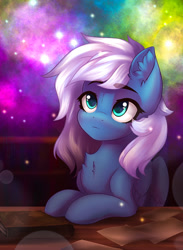 Size: 1393x1900 | Tagged: safe, artist:falafeljake, oc, oc only, oc:vesperal breeze, pegasus, pony, book, chest fluff, daydream, ear fluff, female, mare, nebula, paper, psychic powers, solo, starfield, table