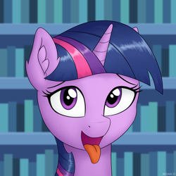 Size: 5000x5000 | Tagged: safe, alternate version, artist:irisarco, twilight sparkle, pony, unicorn, g4, bedroom eyes, book, bookshelf, cute, ear fluff, female, library, looking at you, mare, open mouth, smiling, solo, tongue out, twiabetes