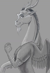 Size: 900x1316 | Tagged: safe, artist:baron engel, discord, draconequus, g4, bust, calm, clip studio paint, digital painting, gray background, grayscale, looking at you, male, monochrome, portrait, profile, simple background, smiling, solo, study