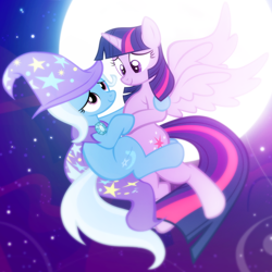 Size: 590x590 | Tagged: safe, artist:pixelkitties, edit, trixie, twilight sparkle, alicorn, pony, unicorn, g4, cape, clothes, cropped, duo, female, hat, lesbian, moon, night, ship:twixie, shipping, trixie's cape, trixie's hat, twilight sparkle (alicorn)