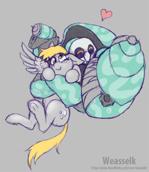 Size: 696x806 | Tagged: safe, artist:weasselk, derpy hooves, human, pegasus, pony, g4, armor, clem, crossover, cute, doodle, heart, hug, science fiction, smiling, warframe