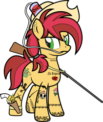 Size: 4000x4742 | Tagged: safe, alternate version, artist:icicle-wicicle-1517, artist:n0kkun, color edit, edit, oc, oc only, oc:rootin' tootin', earth pony, pony, alcohol, beer, beer can, blackletter, can, collaboration, color, colored, cowboy hat, double barreled shotgun, drinking hat, ear piercing, earring, female, gun, handgun, hat, holster, jewelry, mare, piercing, redneck, revolver, shotgun, simple background, solo, tattoo, transparent background, weapon