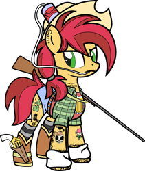 Size: 4000x4731 | Tagged: safe, alternate version, artist:icicle-wicicle-1517, artist:n0kkun, color edit, edit, oc, oc only, oc:rootin' tootin', earth pony, pony, alcohol, bandage, beer, beer can, belt, blackletter, boots, can, clothes, collaboration, color, colored, cowboy boots, cowboy hat, daisy dukes, double barreled shotgun, drinking hat, ear piercing, earring, female, flannel, gun, handgun, hat, holster, jewelry, mare, piercing, redneck, revolver, shoes, shorts, shotgun, simple background, socks, solo, striped socks, tanktop, tattoo, transparent background, weapon