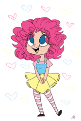 Size: 2000x3000 | Tagged: safe, artist:katyusha, pinkie pie, human, g4, child, clothes, cute, diapinkes, dress, female, happy, heart, high res, humanized, no pupils, open mouth, socks, solo, striped socks, weapons-grade cute