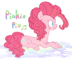 Size: 664x546 | Tagged: safe, artist:nota_mano, pinkie pie, earth pony, pony, g4, cute, diapinkes, female, lying down, mare, music notes, profile, prone, solo, text