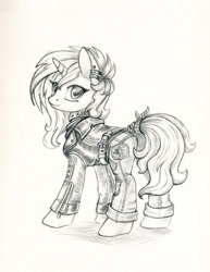 Size: 900x1165 | Tagged: safe, artist:maytee, sunset shimmer, pony, unicorn, g4, clothes, ear piercing, earring, female, grayscale, jacket, jewelry, looking back, mare, monochrome, pants, pencil drawing, piercing, solo, tail wrap, traditional art