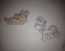 Size: 2048x1596 | Tagged: safe, artist:dinogrl, scootaloo, sweetie belle, pegasus, pony, unicorn, g4, bedroom eyes, female, filly, lesbian, looking at each other, ship:scootabelle, shipping, traditional art