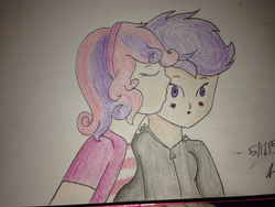Size: 2828x2121 | Tagged: safe, artist:dinogrl, scootaloo, sweetie belle, equestria girls, g4, cheek kiss, clothes, eyes closed, female, high res, kissing, lesbian, ship:scootabelle, shipping, traditional art