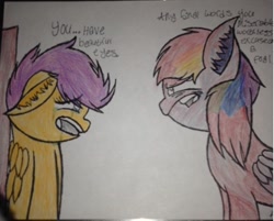Size: 661x532 | Tagged: safe, artist:dinogrl, rainbow dash, scootaloo, pegasus, pony, fanfic:rainbow factory, g4, abuse, crying, dialogue, female, filly, mare, scootabuse, this will end in death, traditional art