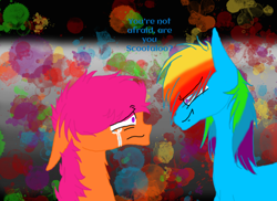 Size: 1100x800 | Tagged: safe, artist:dinogrl, rainbow dash, scootaloo, pony, fanfic:rainbow factory, g4, abuse, crying, female, mare, scootabuse, this will end in death