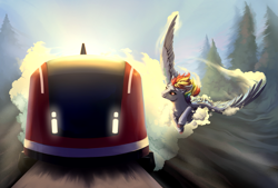 Size: 1707x1152 | Tagged: safe, artist:28gooddays, rainbow dash, pegasus, pony, g4, female, flying, racing, solo, train