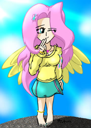 Size: 1562x2184 | Tagged: safe, artist:meganekkoplymouth241, fluttershy, human, g4, anklet, barefoot, barefooting, clothes, cute, cutie mark, cutie mark on clothes, feet, female, hairpin, humanized, jewelry, one eye closed, pendant, shirt, shyabetes, skirt, solo, toenails, winged humanization, wings, wink