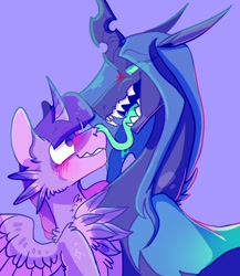 Size: 868x1000 | Tagged: safe, artist:rockin_candies, queen chrysalis, twilight sparkle, alicorn, changeling, changeling queen, pony, g4, blushing, female, forked tongue, lesbian, ship:twisalis, shipping, twilight sparkle (alicorn)