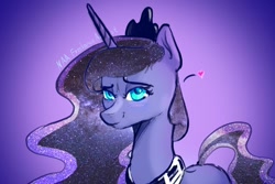Size: 1280x854 | Tagged: safe, artist:naafreelanceartist, princess luna, alicorn, pony, g4, blushing, female, gradient background, heart, lidded eyes, looking at you, mare, peytral, purple background, signature, smiling, solo