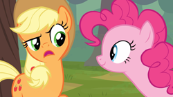 Size: 1920x1080 | Tagged: safe, screencap, applejack, pinkie pie, earth pony, pony, g4, the last roundup, asking, duo, female, looking at each other, mare, ponytail, raised eyebrow, smiling, suspicious